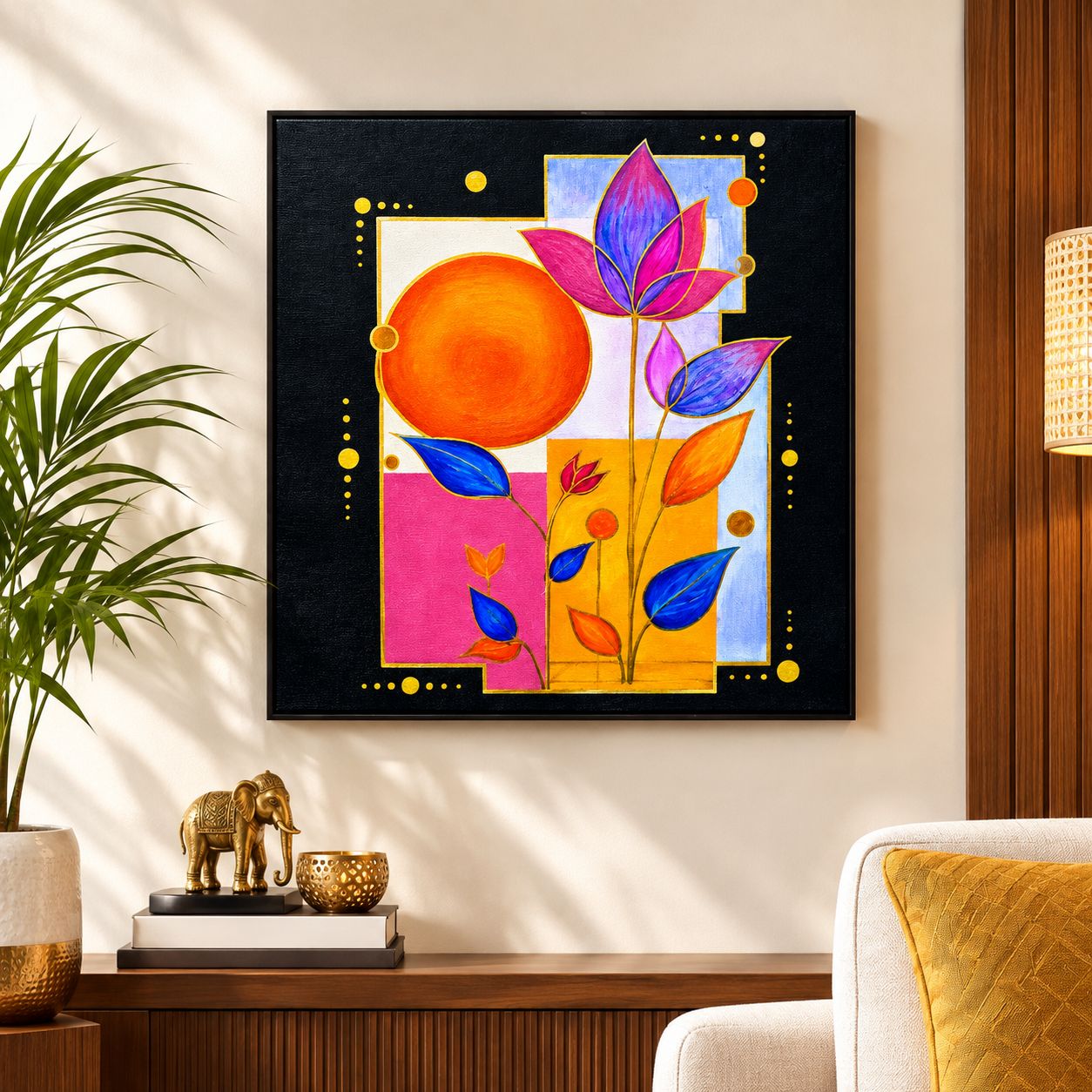 DHRUVINSRI Vastu Inspired Lotus & Rising Sun Acrylic Canvas Art I Painting 8x10 Inch| Unframed-1 Pc