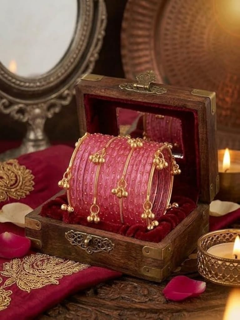 Pink Textured Glass Bangles with Hanging Gold Beads (Set of 16) - Bangles & Bracelets | Buy online on ZillyBuy