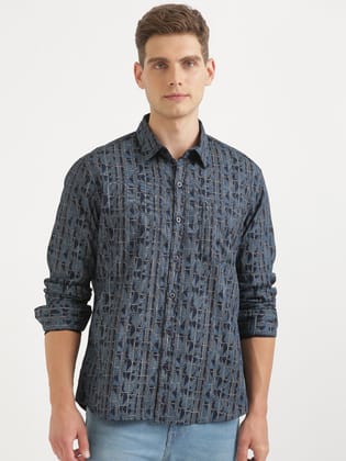 Navy Blue Printed Casual Long Sleeve Shirt-36