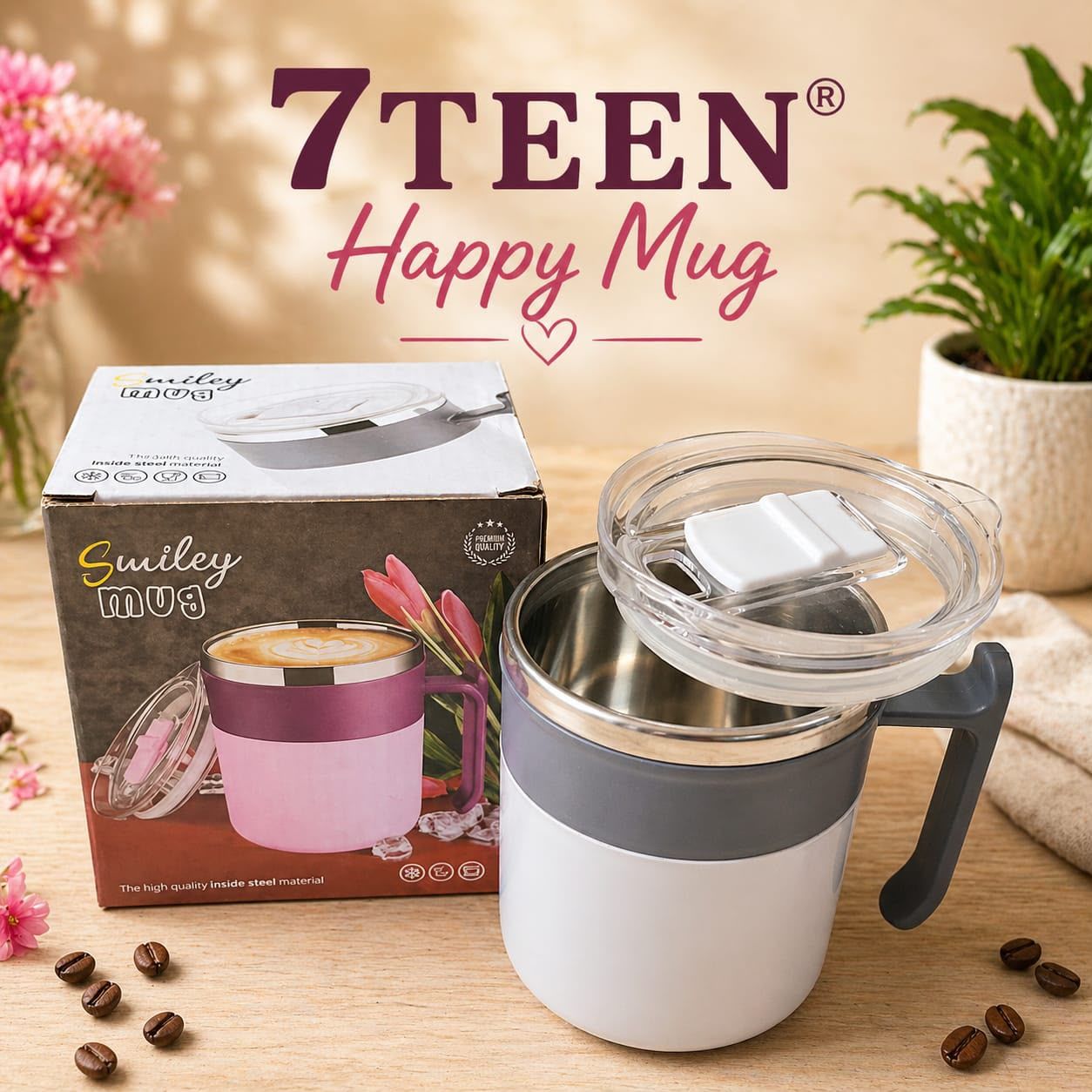 Happy Mug Insulated Stainless Steel Coffee Mug with Handle & Lid | Hot & Cold Drinks | Reusable Travel Mug | White & Grey