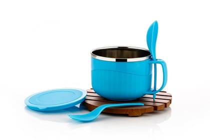 Maggie Bowl Stainless Steel Noodles & Soup Bowl with Lid, Handle, Spoon & Fork | Multipurpose Food Bowl | Blue