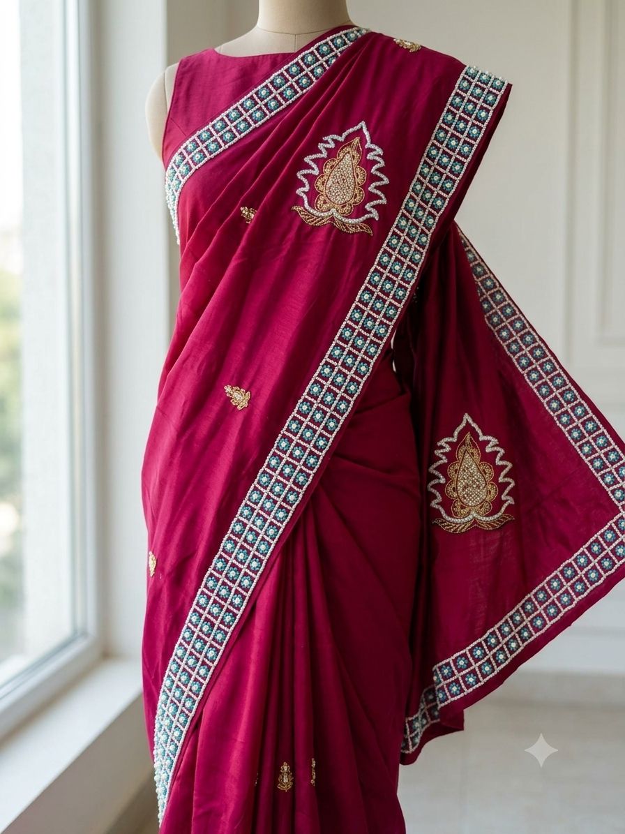Maroon Cotton-Silk Embroidered Motif Saree