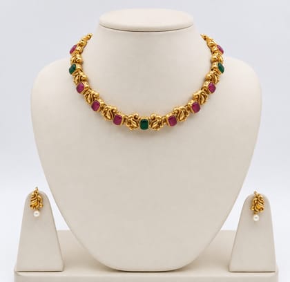 Temple Gold Tone Ruby Emerald Stone and Pearl Drop Necklace Set