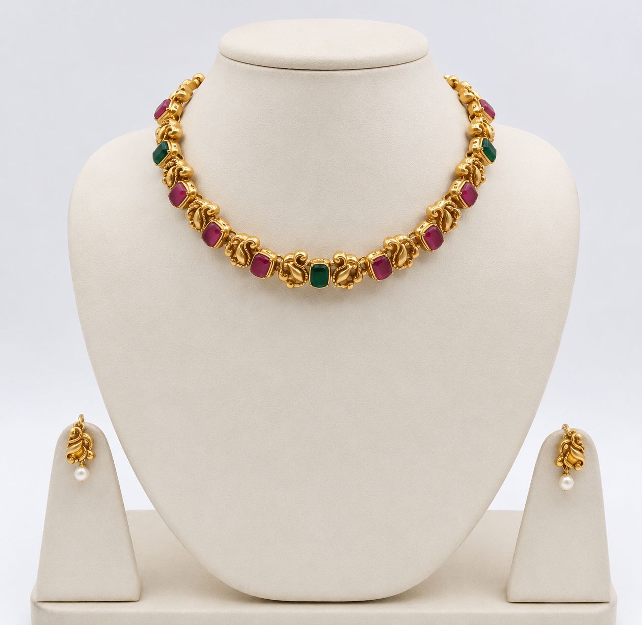 Temple Gold Tone Ruby Emerald Stone and Pearl Drop Necklace Set