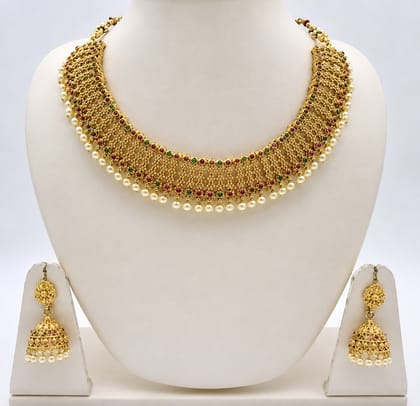 Traditional Gold Choker Necklace & Jhumka Earring Set with Pearls