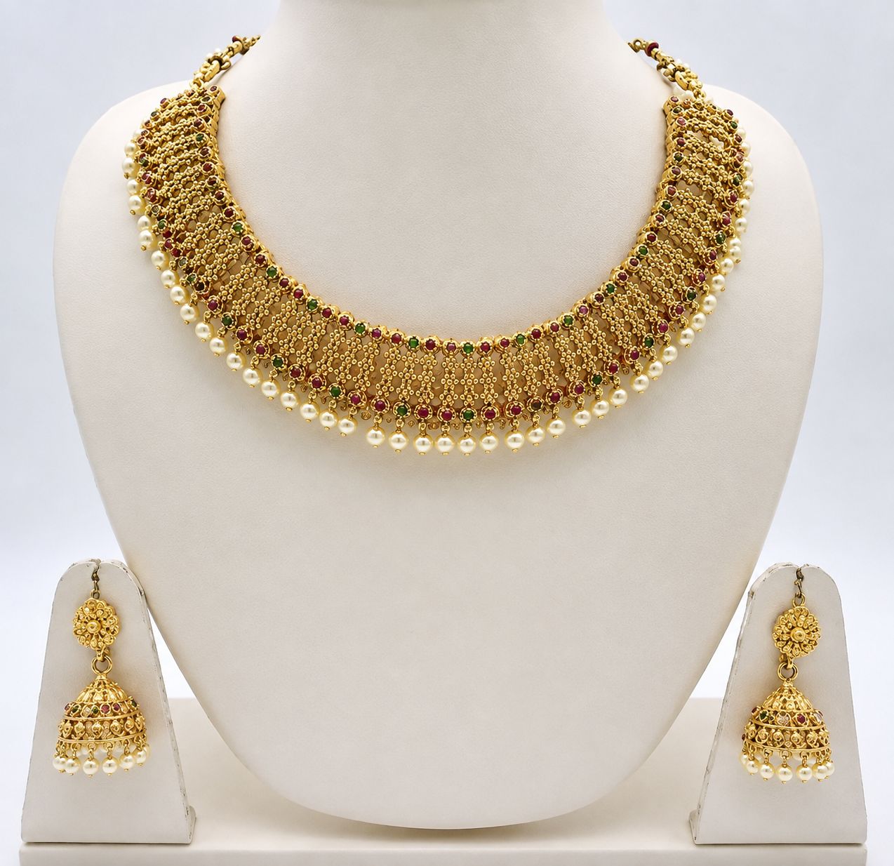 Traditional Gold Choker Necklace & Jhumka Earring Set with Pearls