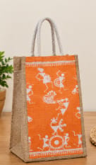 Warli Art Printed Orange Jute Tote Bag
