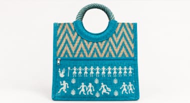 Handmade Blue Jute Handbag with Warli Art & Chevron Design