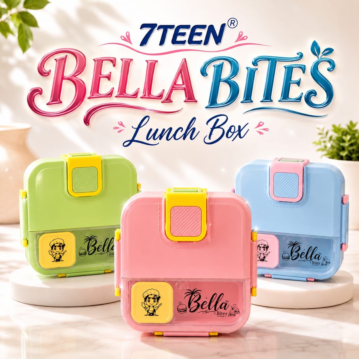 Bella Bites Kids Lunch Box with Multiple Compartments & Sauce Section | Leak-Resistant Locking Tiffin Box for School | Pink