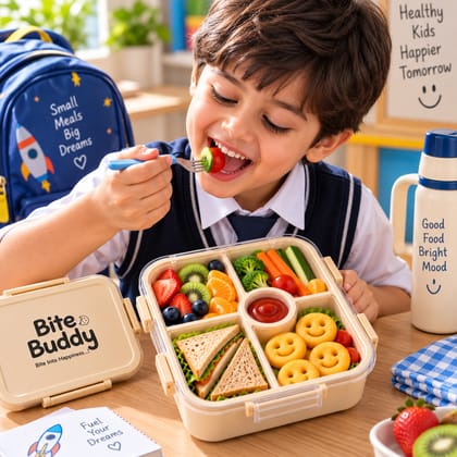 Bite Buddy Kids Lunch Box with 4 Compartments & Dip Container | Locking Tiffin Box for School, Snacks & Travel | Assorted Colors