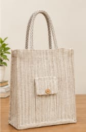 Natural Jute Tote Bag with Front Pocket and Braided Handles