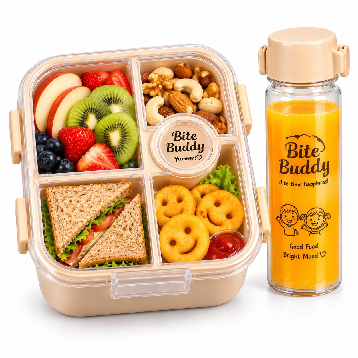 Bite Buddy Kids Lunch Box with Water Bottle | 4 Compartment School Tiffin Box with Dip Section | Lunch Box & Bottle Combo for Kids | Beige