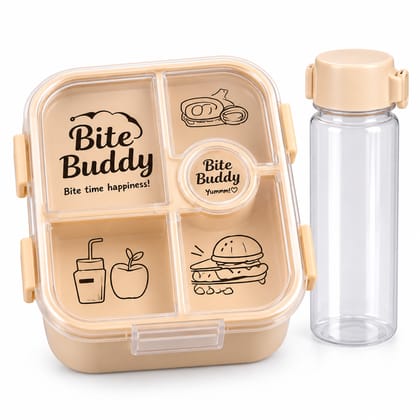 Bite Buddy Kids Lunch Box with Water Bottle | 4 Compartment School Tiffin Box with Dip Section | Lunch Box & Bottle Combo for Kids | Beige