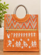 Handmade Orange Jute Handbag with Warli Art & Chevron Design