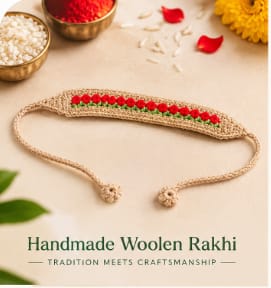 Handmade Woolen Rakhi with Red Floral Design