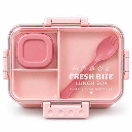 Fresh Bite Kids Lunch Box with Compartments & Sauce Container | Fork/Spoon Included | Clip Lock School Tiffin Box for Boys & Girls – Pink