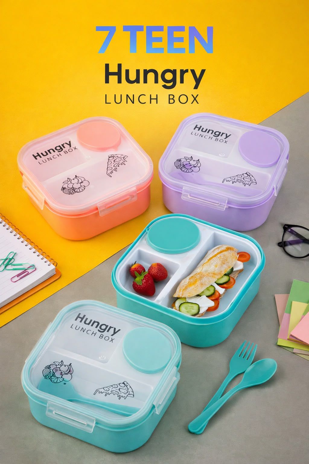 Hungry Kids Lunch Box with 3 Compartments & Leak-Proof Sauce Container | Clip Lock School Tiffin Box for Boys & Girls – Blue/Turquoise