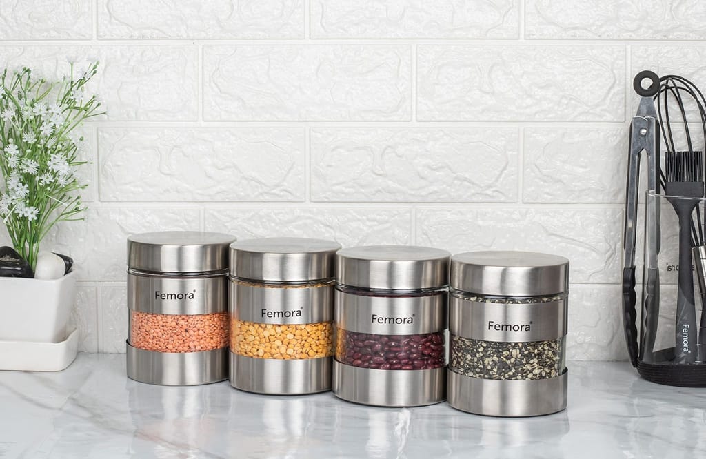 Femora Metallic Clear Glass Kitchen Storage Jar, 700 ml, Set of 4