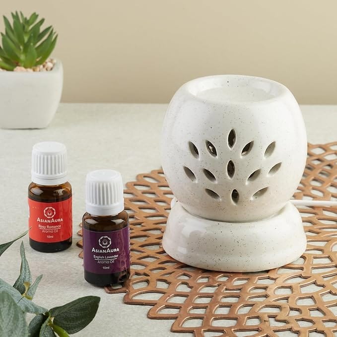 ASIAN AURA Electric Ceramic Aroma Diffuser Set with English Lavender & Rosy Romance Oils (10ml each)