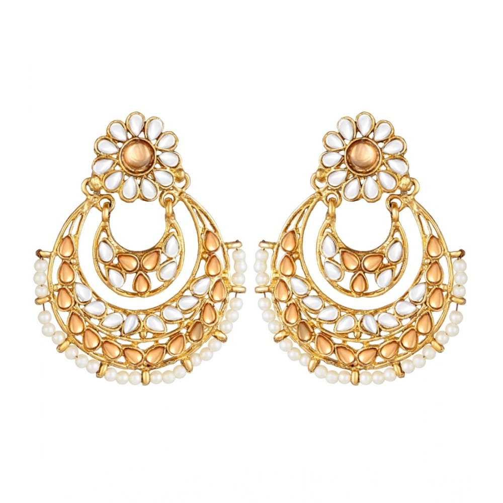 Generic Women's Rose Gold Plated Alloy Kundan Earrings & Mangtikka (White & Gold) - Earrings | Buy online on ZillyBuy