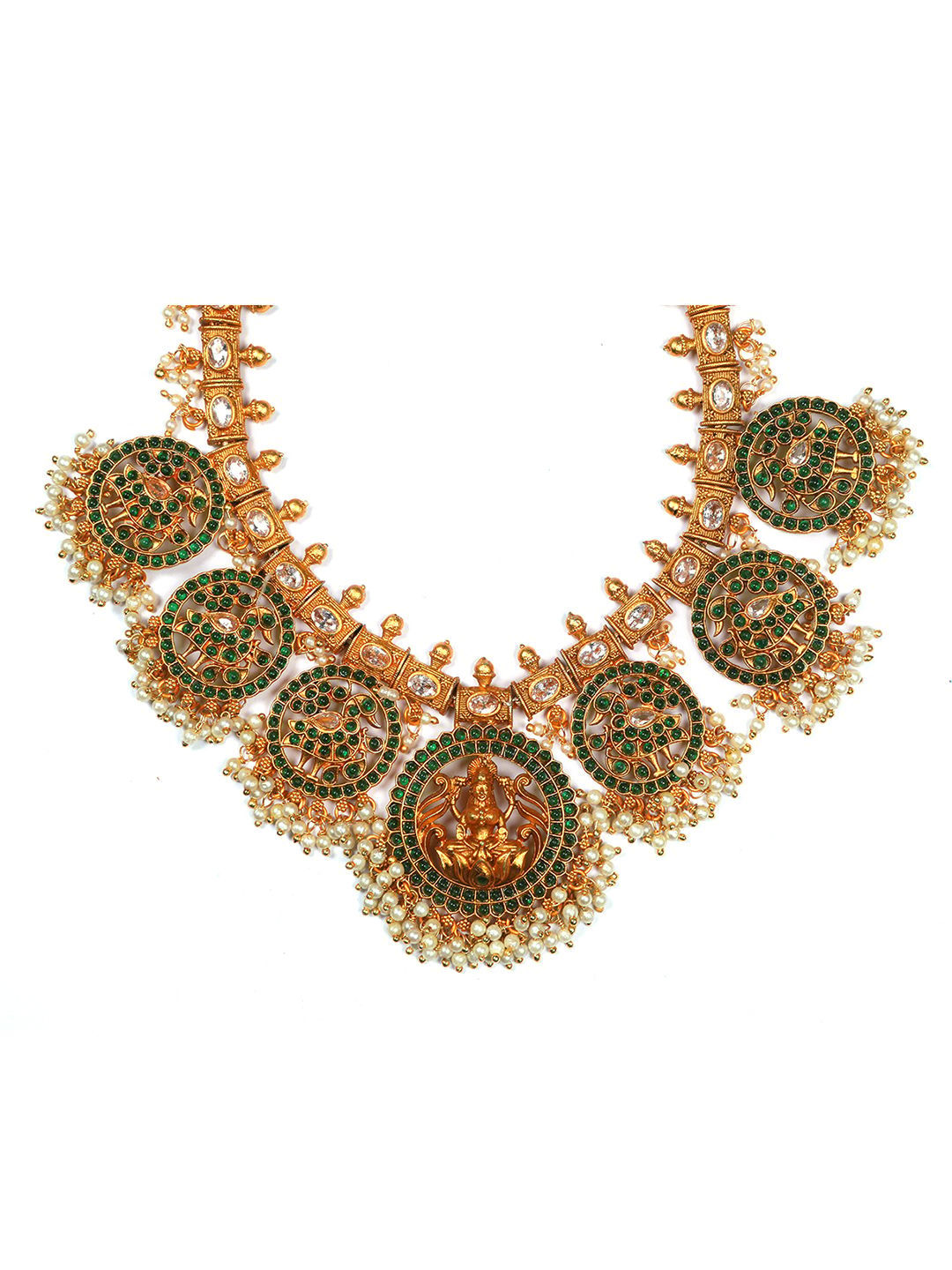 Generic Women's Goddess Glamour Gold Plated Temple Necklace and Jhumka Set (Green, Free Size)