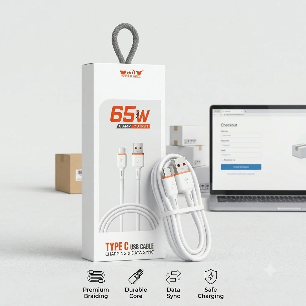 65W Fast Charging Type-C USB Cable (6A Output, 1 Meter) – Quick Charge & High-Speed Data Sync Cable for Type-C Smartphones, Tablets & Laptops (White)