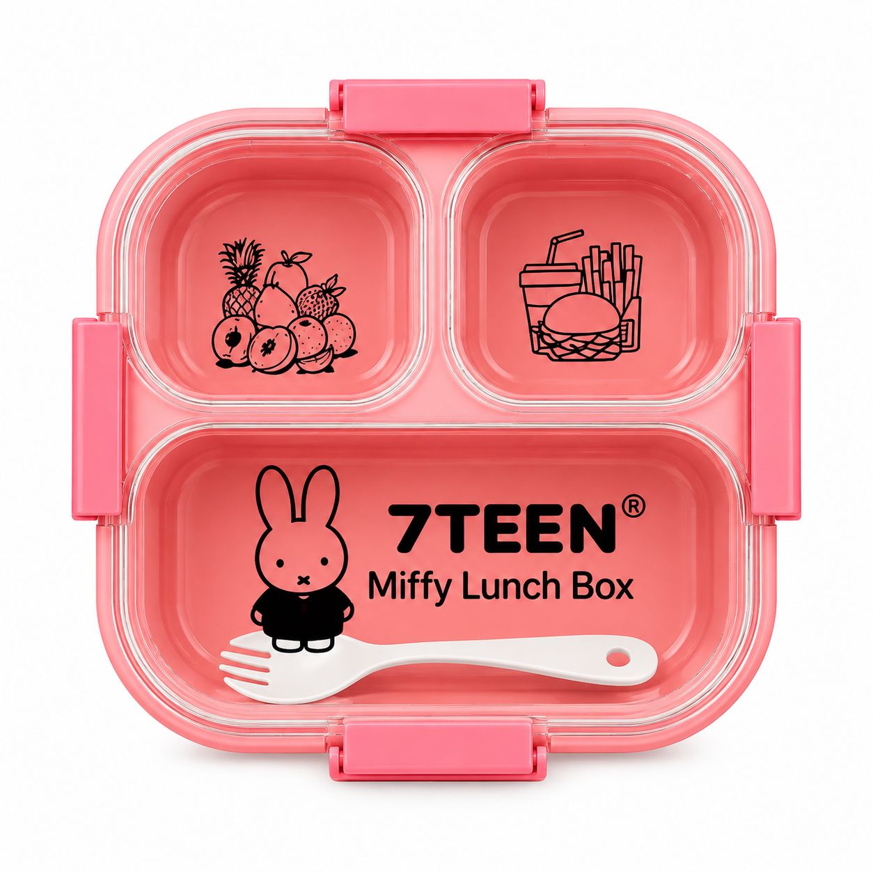 Miffy Kids Lunch Box | 3 Compartment School Tiffin Box with Sauce Container | Secure Lock & Transparent Lid | Pink Lunch Box for Boys & Girls