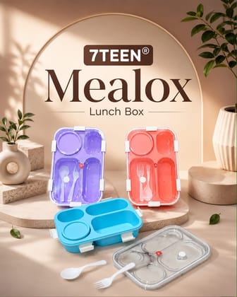 Mealox Kids Lunch Box | 4 Compartment Tiffin Box with Spoon & Fork | Transparent Lid & Secure Lock | School Lunch Box for Boys & Girls – Purple