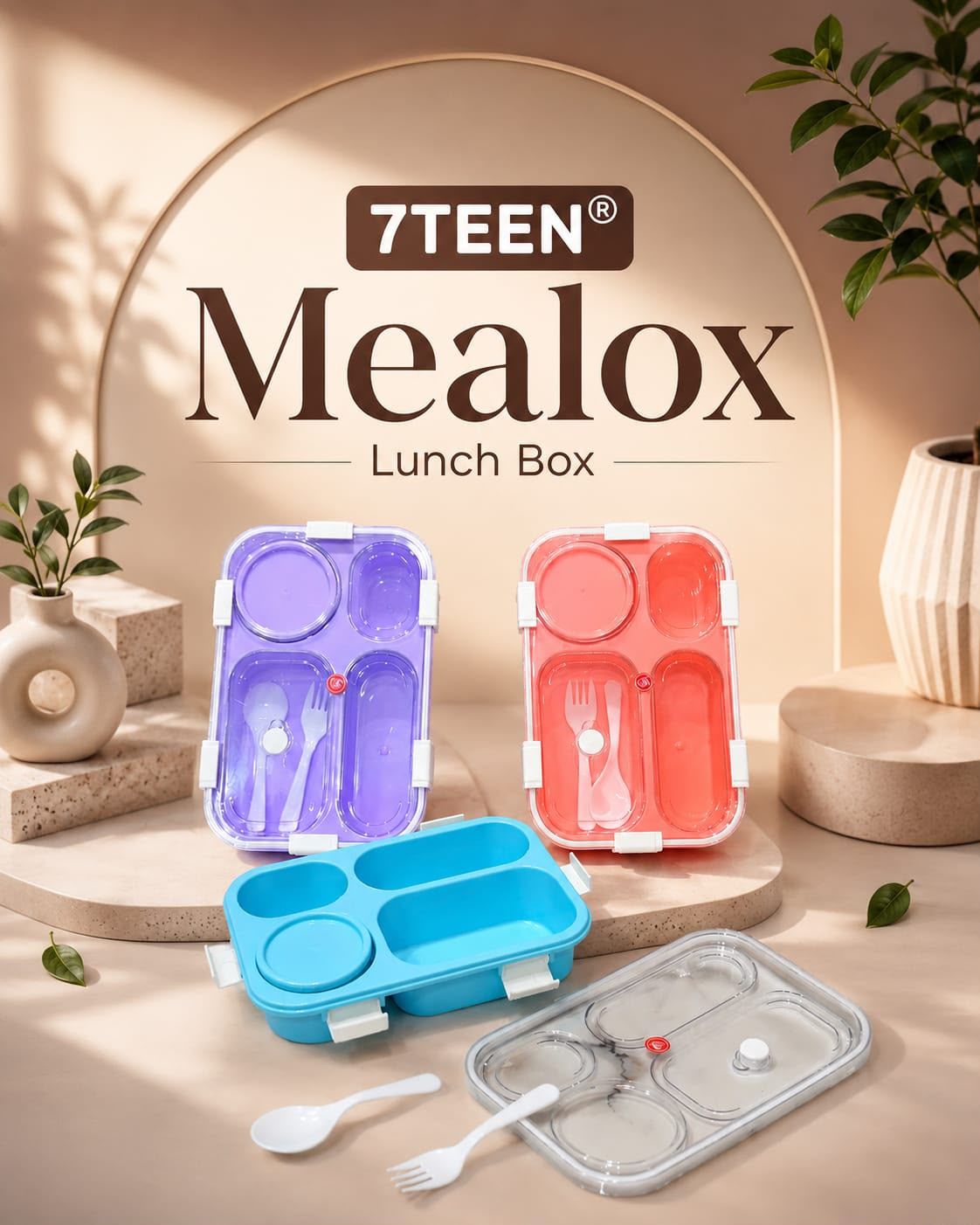 Mealox Kids Lunch Box | 4 Compartment Tiffin Box with Spoon & Fork | Transparent Lid & Secure Lock | School Lunch Box for Boys & Girls – Purple