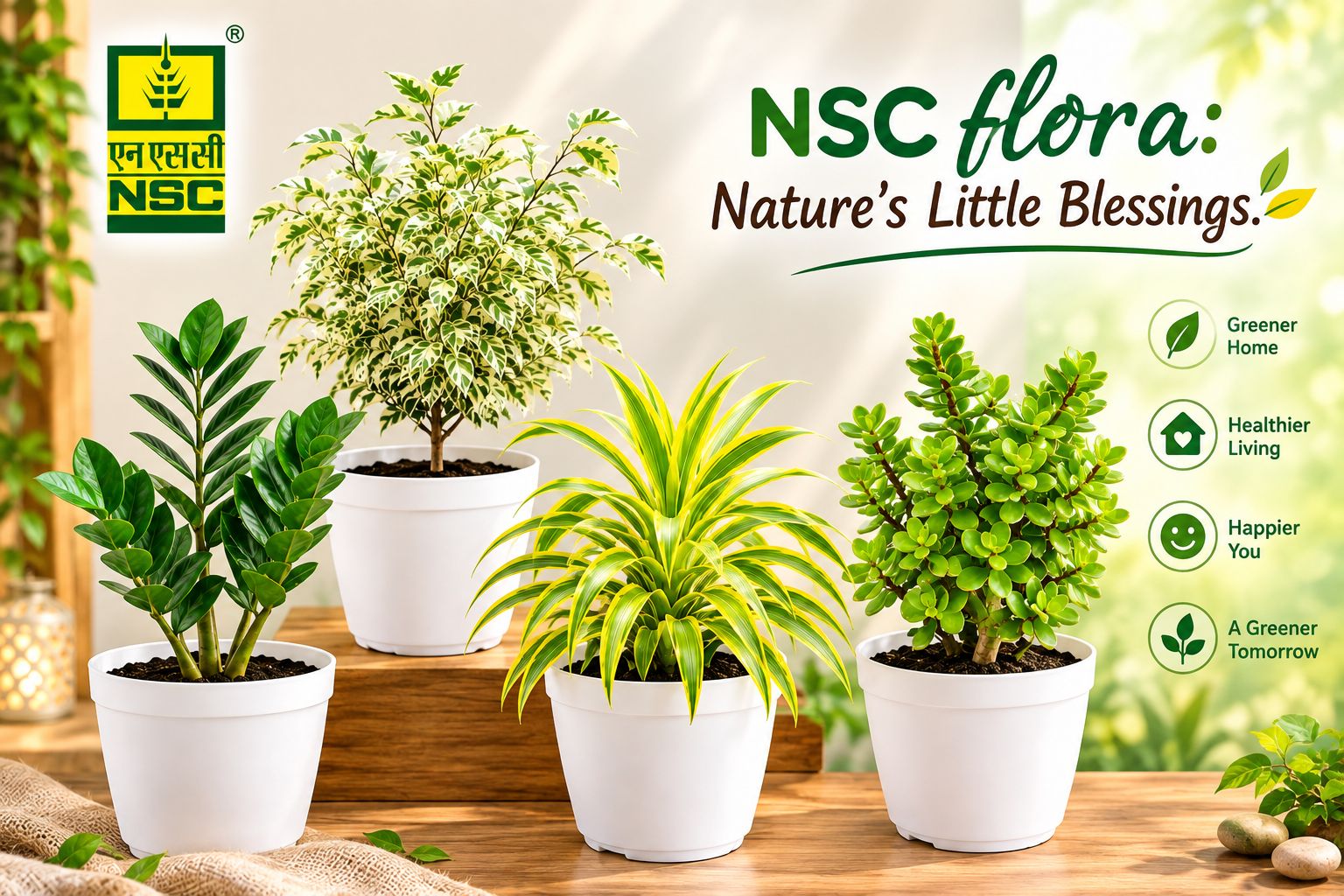 NSC Combo of 4 Plants( ZZ Plant-1, Jade Plant-1, Dracaena-1 , Ficus-1)