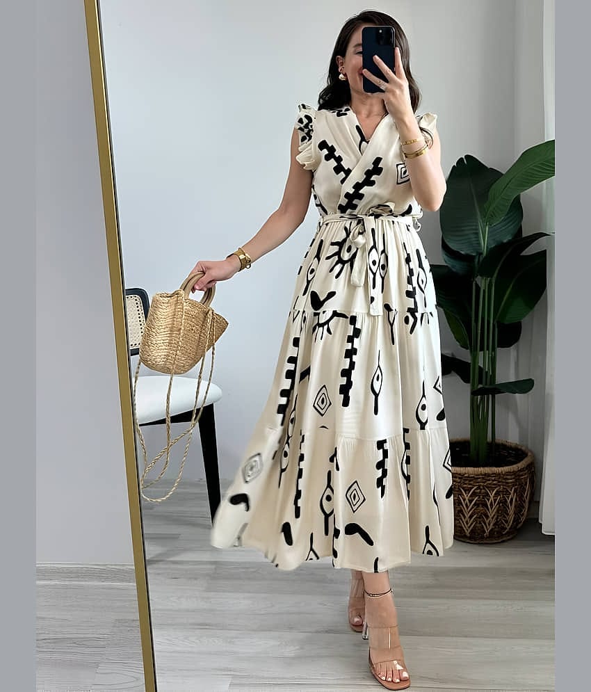 ZWERLON Women Viscose Rayon Printed Fit & Flare Dress ( White )