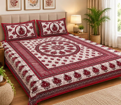 King Size Soft Cotton Bedsheet with 2 Pillow Covers,180TC | Red & White Floral Printed Double Bed Sheet | Elegant Cotton Bedding Set