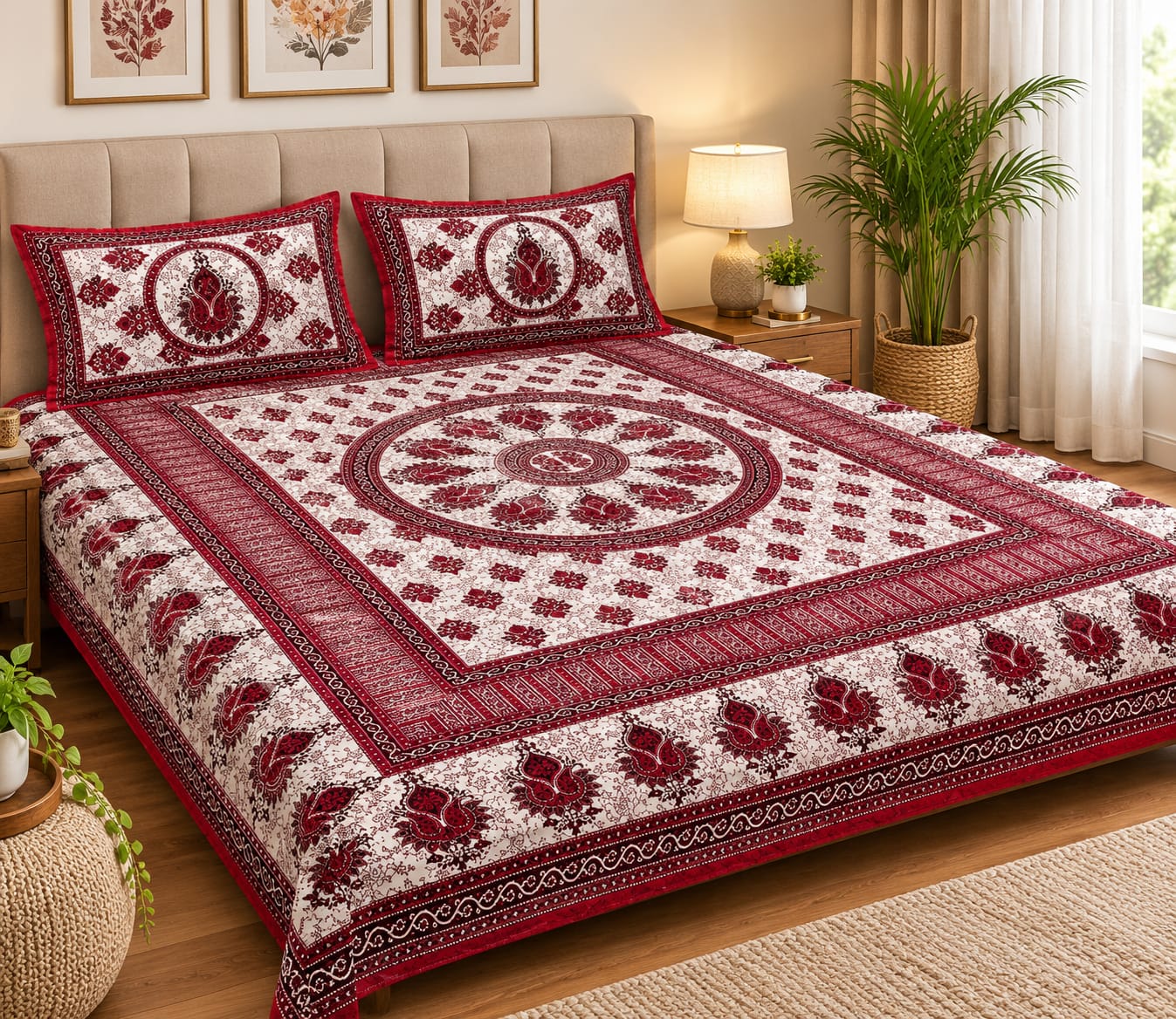 King Size Soft Cotton Bedsheet with 2 Pillow Covers,180TC | Red & White Floral Printed Double Bed Sheet | Elegant Cotton Bedding Set