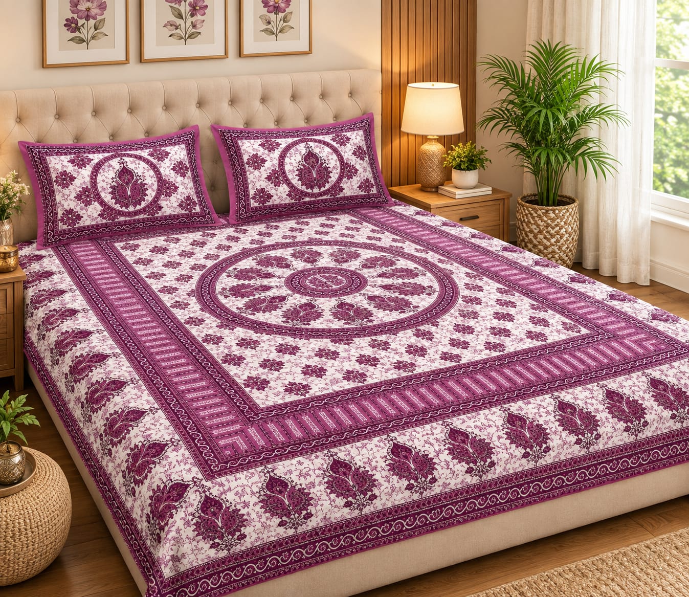 King Size Soft Cotton Bedsheet with 2 Pillow Covers,180TC, 90*100 Inches | Pink & White Floral Printed Double Bed Sheet | Elegant Cotton Bedding Set
