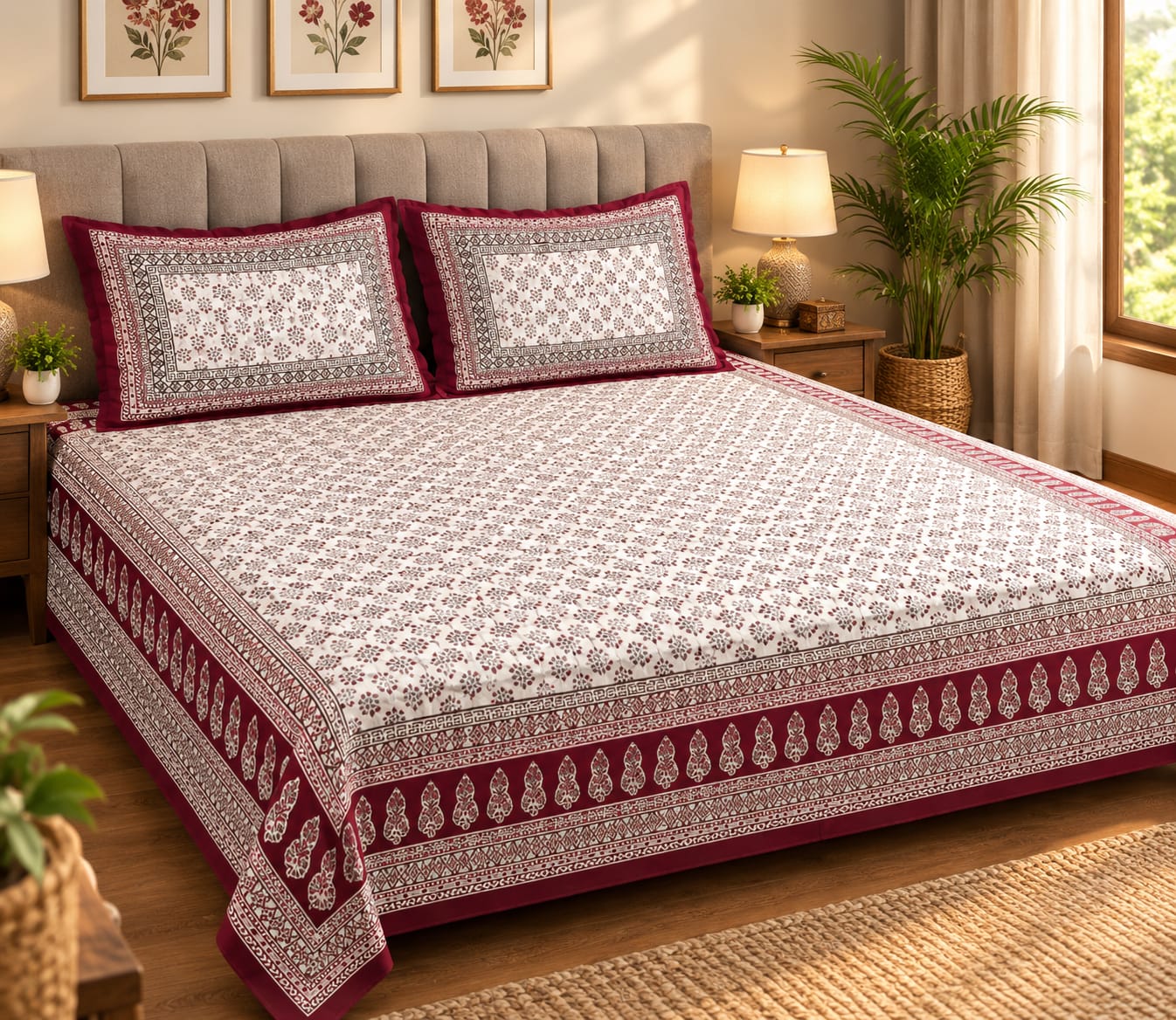 King Size Soft Cotton Bedsheet with 2 Pillow Covers,180TC, 90*100 Inches | Maroon & White Floral Printed Double Bed Sheet | Elegant Cotton Bedding Set