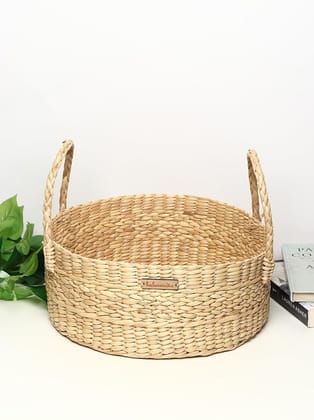 Hand-Woven Water Hyacinth Round Storage Basket with Handles