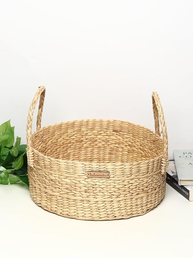 Hand-Woven Water Hyacinth Round Storage Basket with Handles