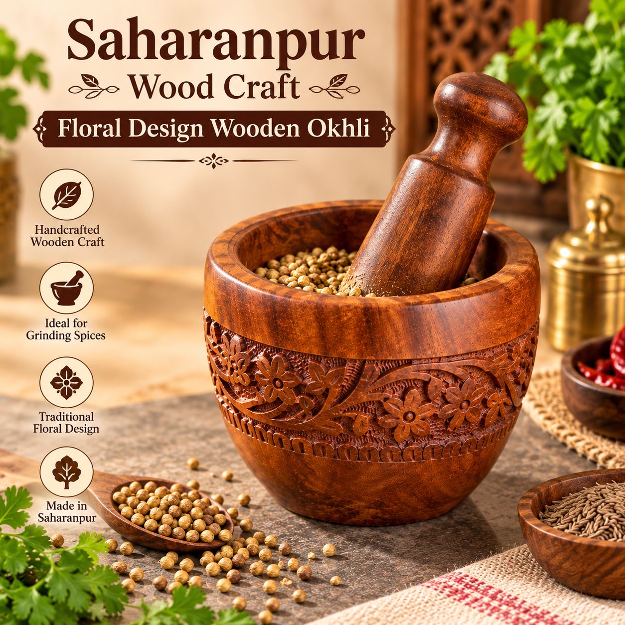 Saharanpur Wood Craft Floral Design Wooden Okhli