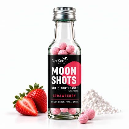 Moonshots Solid Toothpaste Tablets – Strawberry (90 pcs) | 5% nHAp | Fluoride & SLS Free | No Preservatives | with Xylitol & Oral Probiotics | Travel-Friendly 