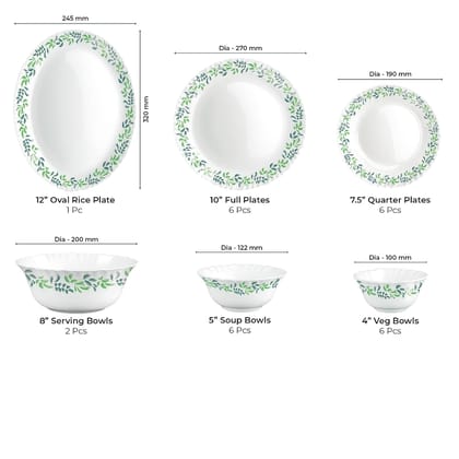 Treo by Milton Opalware Aurelia Verdinia Dinner Set of 27 | Serving for 6 | Microwave & Dishwasher Safe | Bone-Ash Free | Tempered Toughness | Plates, Bowls, Spoons | Crockery Set for Dining & Gifting