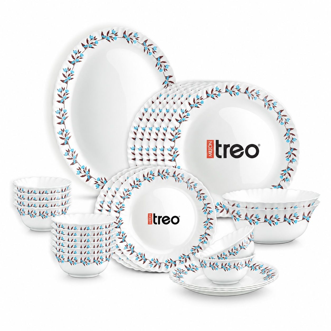 Treo by Milton Opalware Aurelia Lavelle Dinner Set of 27 | Serving for 6 | Microwave & Dishwasher Safe | Bone-Ash Free | Tempered Toughness | Plates, Bowls, Spoons | Crockery Set for Dining & Gifting