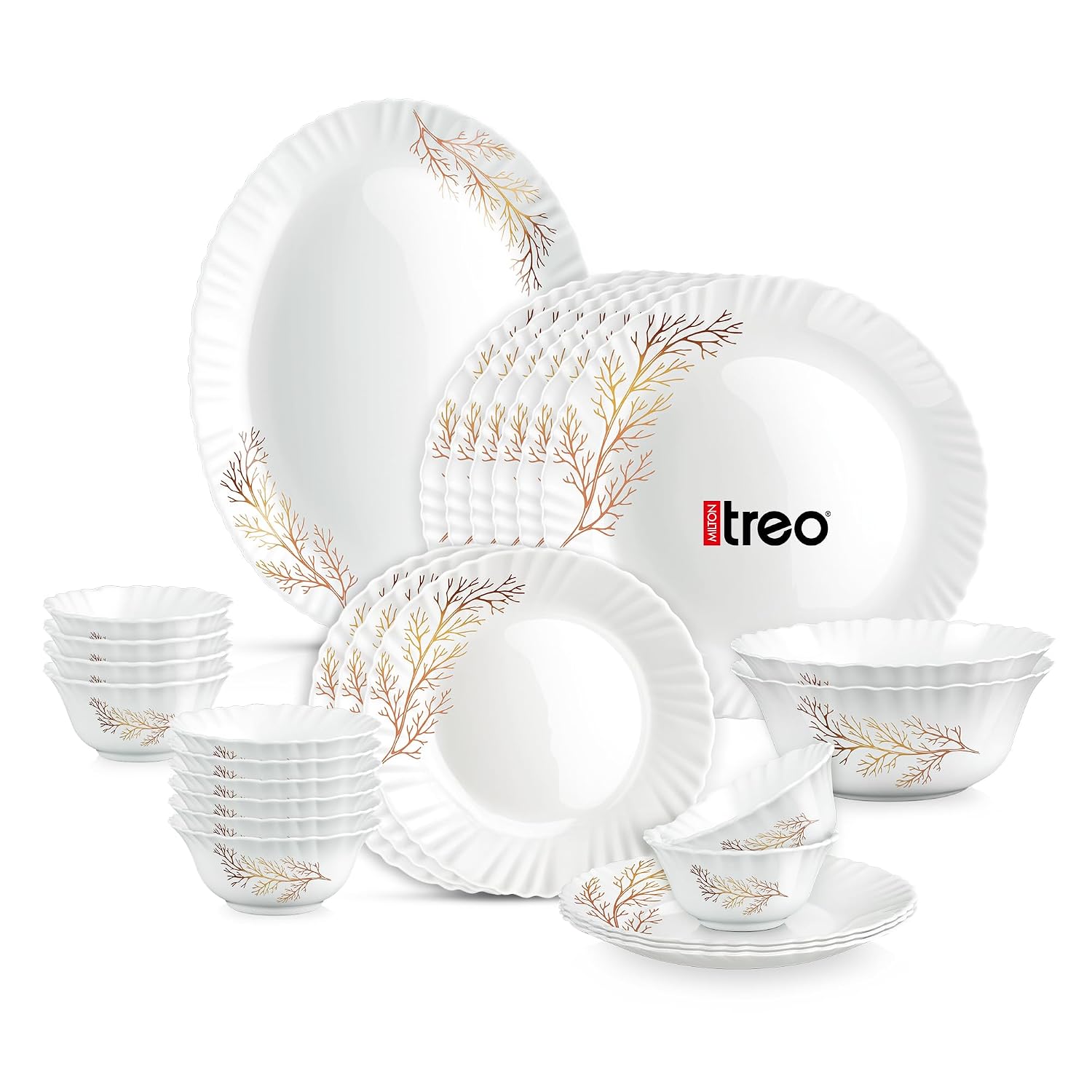 Treo by Milton Opalware Aurelia Silvia Dinner Set of 27 | Serving for 6 | Microwave & Dishwasher Safe | Bone-Ash Free | Tempered Toughness | Plates, Bowls, Spoons | Crockery Set for Dining & Gifting