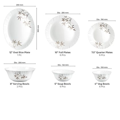 Treo by Milton Opalware Aurelia Arashi Dinner Set of 27 | Serving for 6 | Microwave & Dishwasher Safe | Bone-Ash Free | Tempered Toughness | Plates, Bowls, Spoons | Crockery Set for Dining & Gifting
