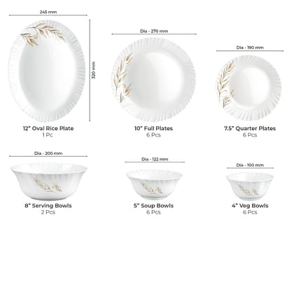 Treo by Milton Opalware Aurelia Selene Dinner Set of 27 | Serving for 6 | Microwave & Dishwasher Safe | Bone-Ash Free | Tempered Toughness | Plates, Bowls, Spoons | Crockery Set for Dining & Gifting