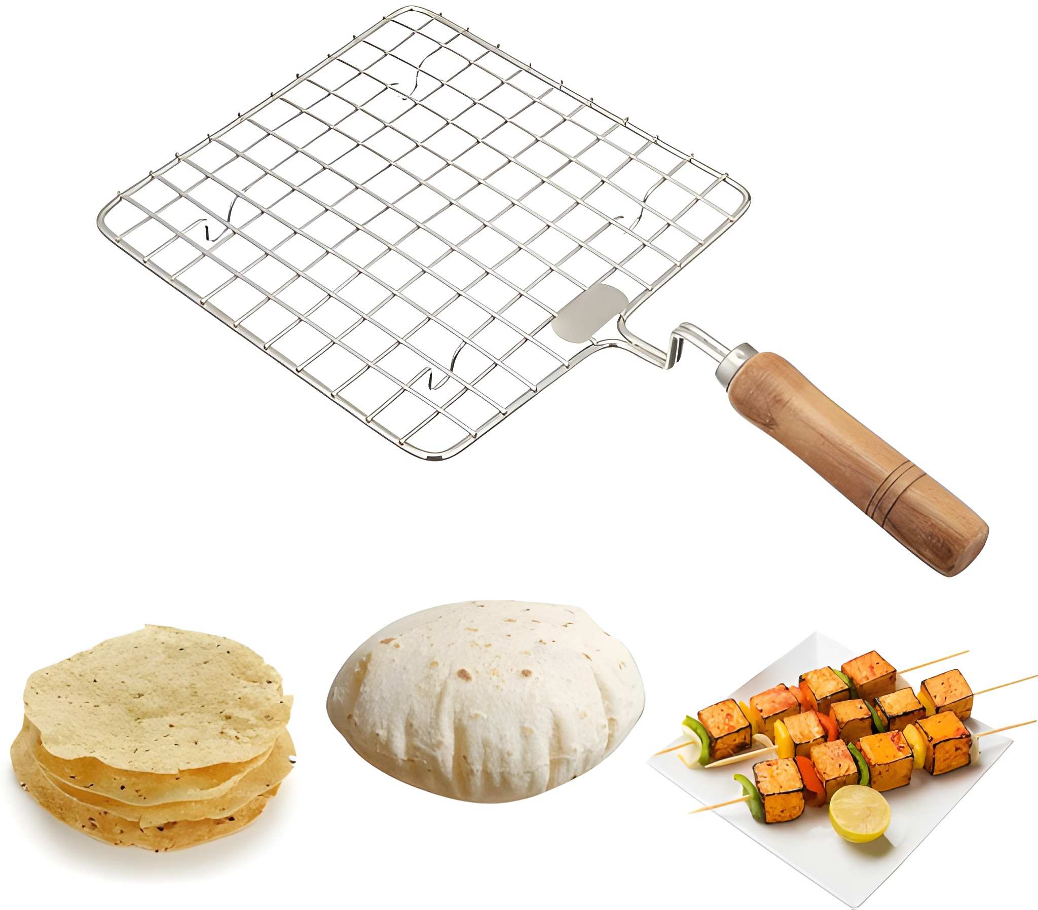 Heavy Duty Stainless Steel Kitchen Square Roaster | Papad Jali Barbecue Grill with Wooden Handle for Gas Stove | Multipurpose Roasting Grill (Original)
