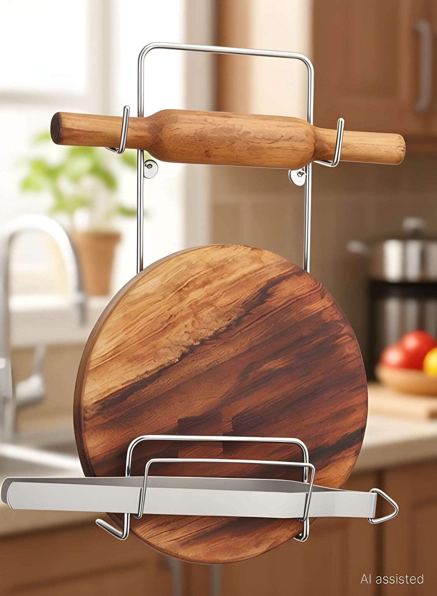 Heavy Duty Stainless Steel Rolling Pin & Board Stand | Roti Chakla Belan Holder for Kitchen Counter | Kitchen Utensil Organizer (Original)