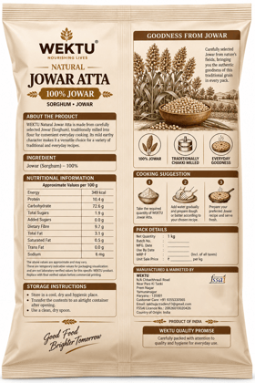WEKTU Natural Jowar Atta 1 kg | 100% Jowar | Sorghum Flour | Traditionally Chakki Milled