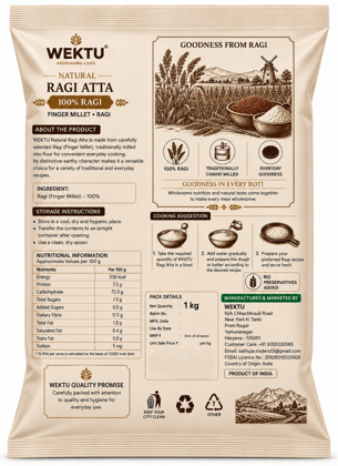 WEKTU Natural Ragi Atta 1 kg | 100% Ragi | Finger Millet Flour | Traditionally Chakki Milled