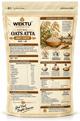 WEKTU Natural Oats Atta 1 kg | 100% Oats | Oats Flour | Resealable Zipper Pack