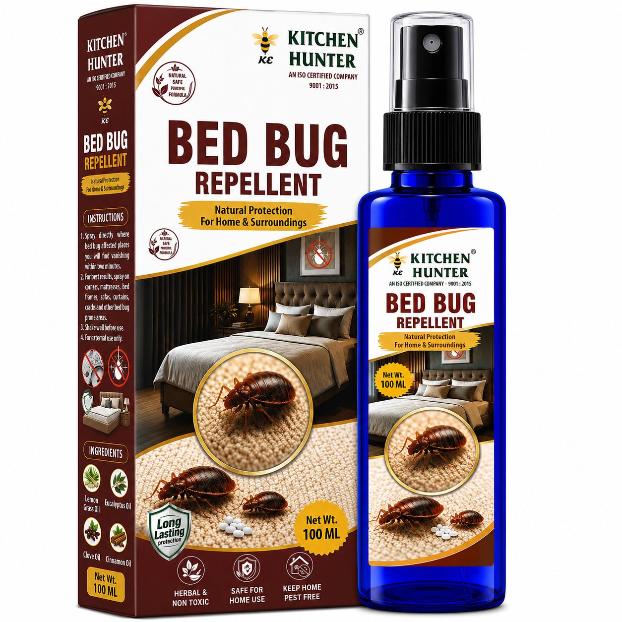 Kitchen Hunter Bed Bug Repellent Spray 100ml for Beds, Mattresses & Furniture | Easy-to-Use Household Spray